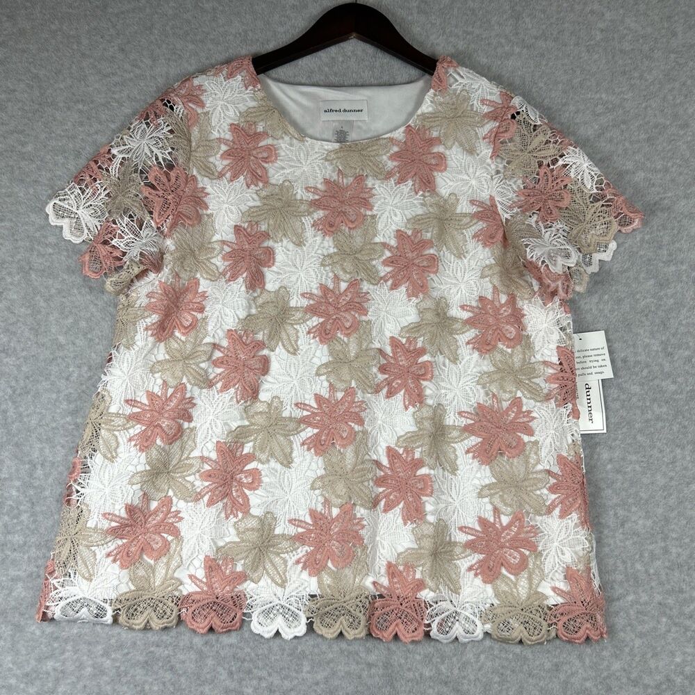 Alfred Dunner Women's Large Floral Lace Top Pink Beige White Lined S-Sleeve NWT